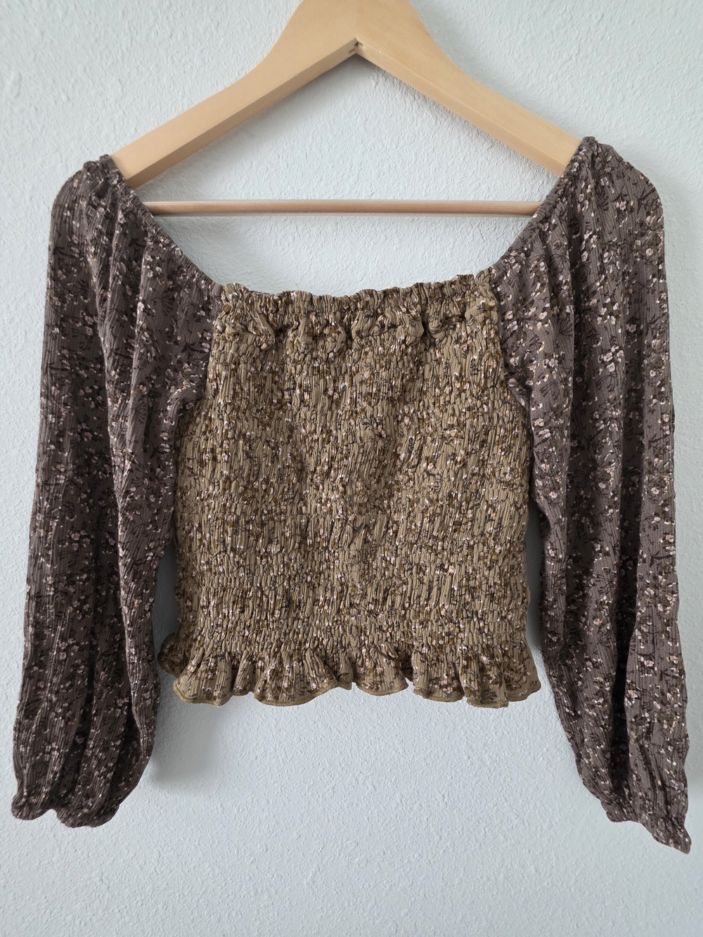 white birch Brown Smocked Off-Shoulder Crop Top with Balloon Sleeves